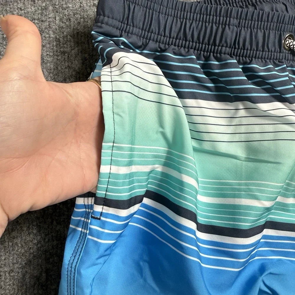 Aptro Men's Blue‎ Ombre Striped Swim Trunks Board Shorts Drawstring Pockets